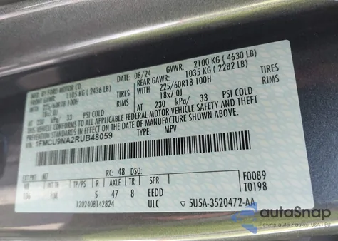 2024 Ford Escape St-Line Select из США, поврежденный, VIN 1FMCU9NA2RUB48059